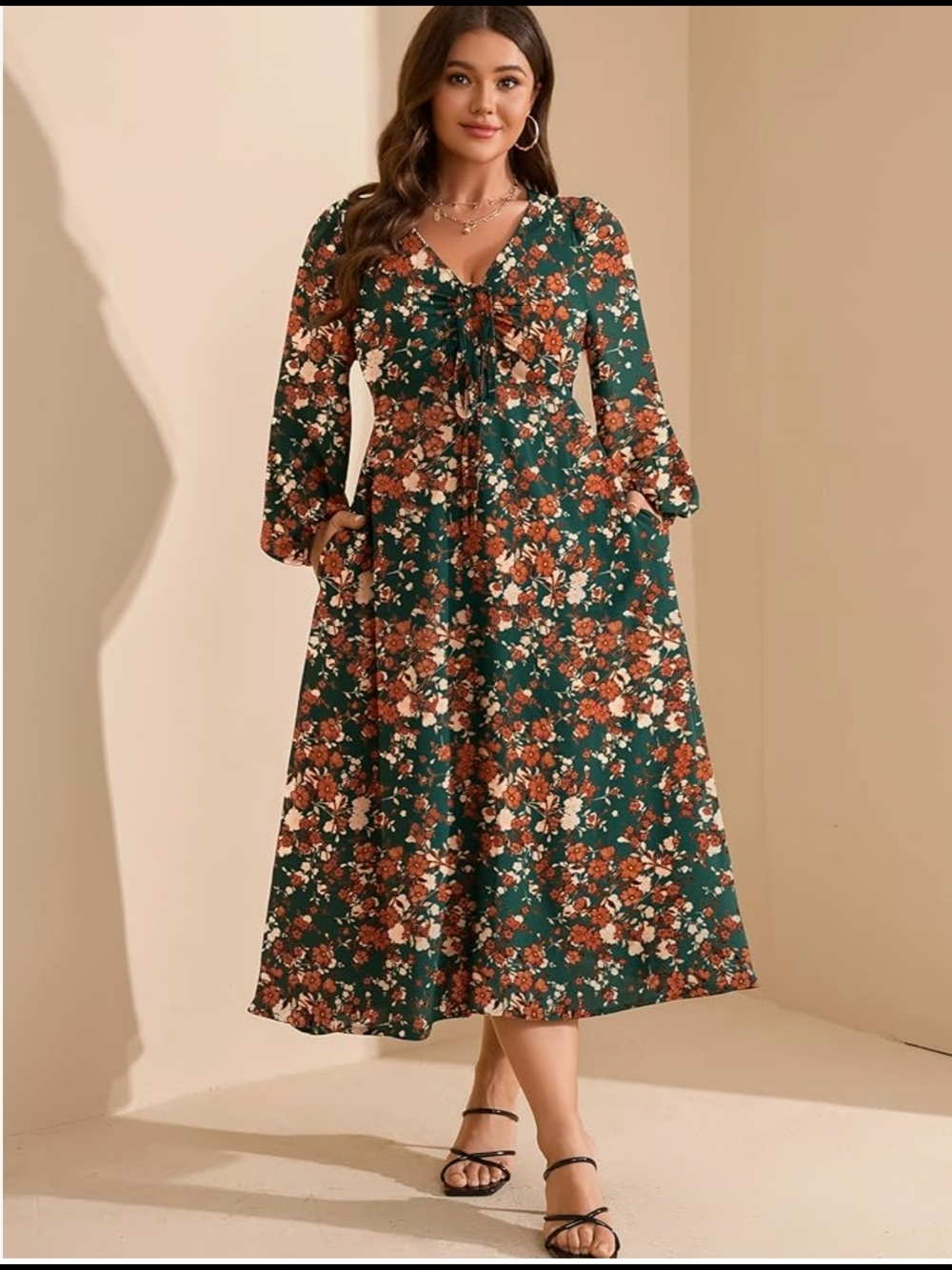 RWJ - XL Floral V-Neck Long Sleeve Midi Dress - Green Floral - Picture 7 of 11